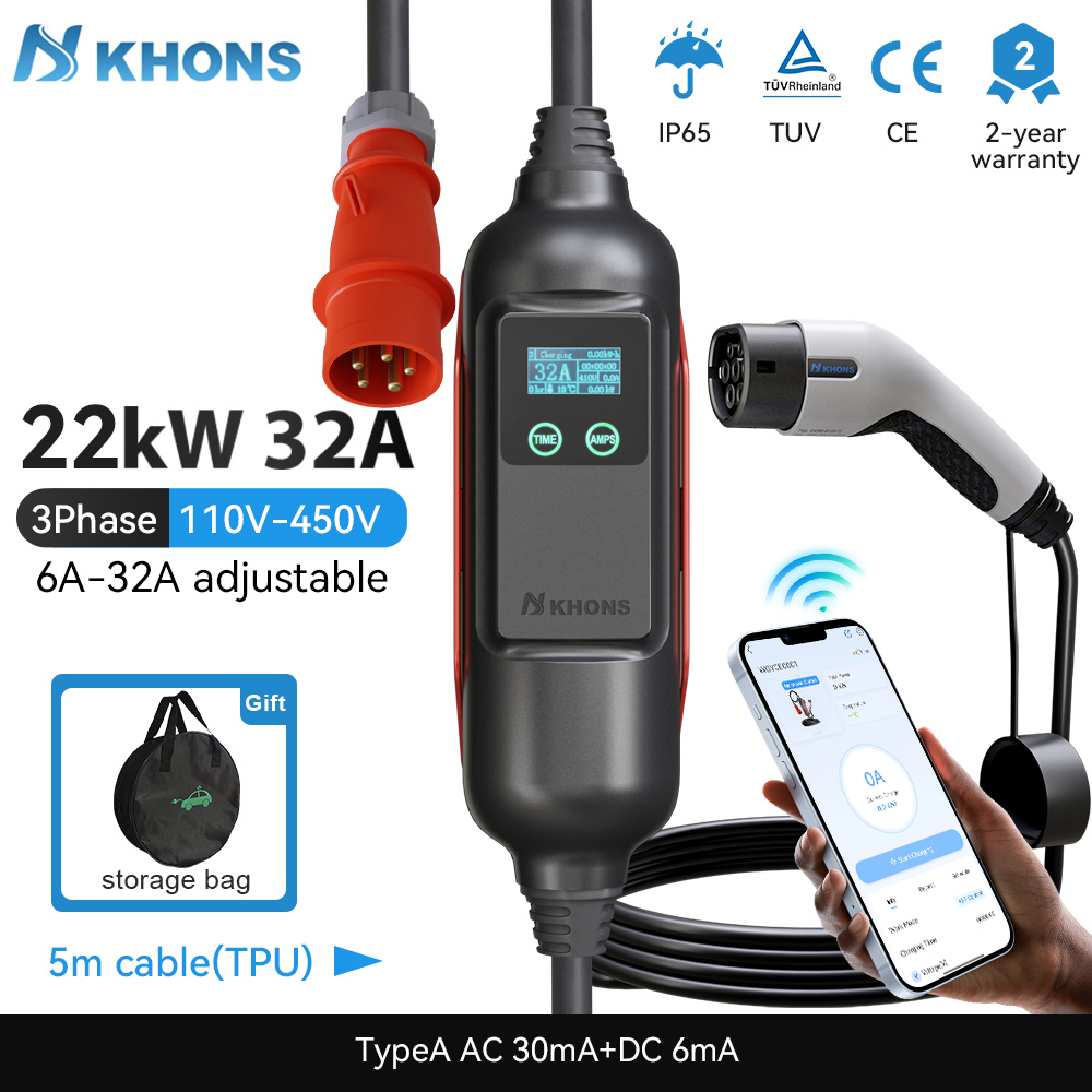 Ev Charger Type 2 22Kw 32A 3 Phase - Khons Taşınabilir elektrikli araç şarjı Type2