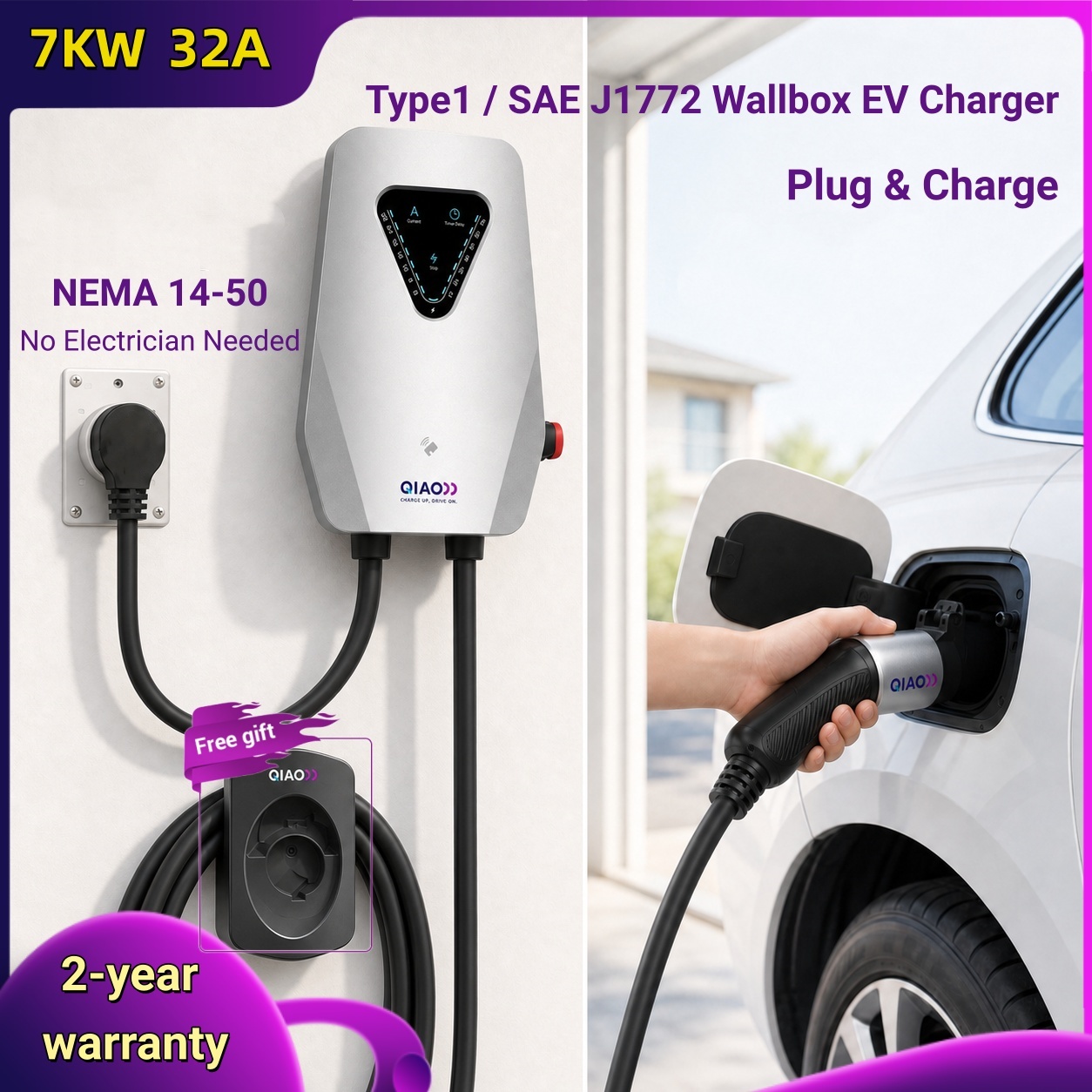 J1772 Evse 32A Level 2 Charger - 7KW 32A Tip 1 SAE J1772